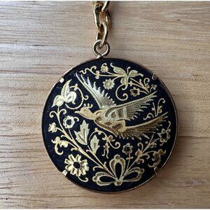 VTG Spain Damascene Key‎ Chain Pendant 3.5" Black Enamel Gold Tone Flowers Bird